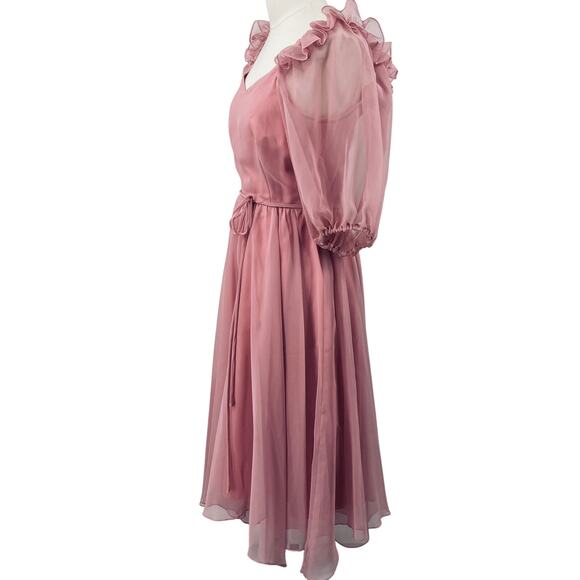 Vintage 70s Chiffon Puff Sleeve Ruffle Off Shoulder Midi Dress Fit Flare Pink 4 - Picture 4 of 10